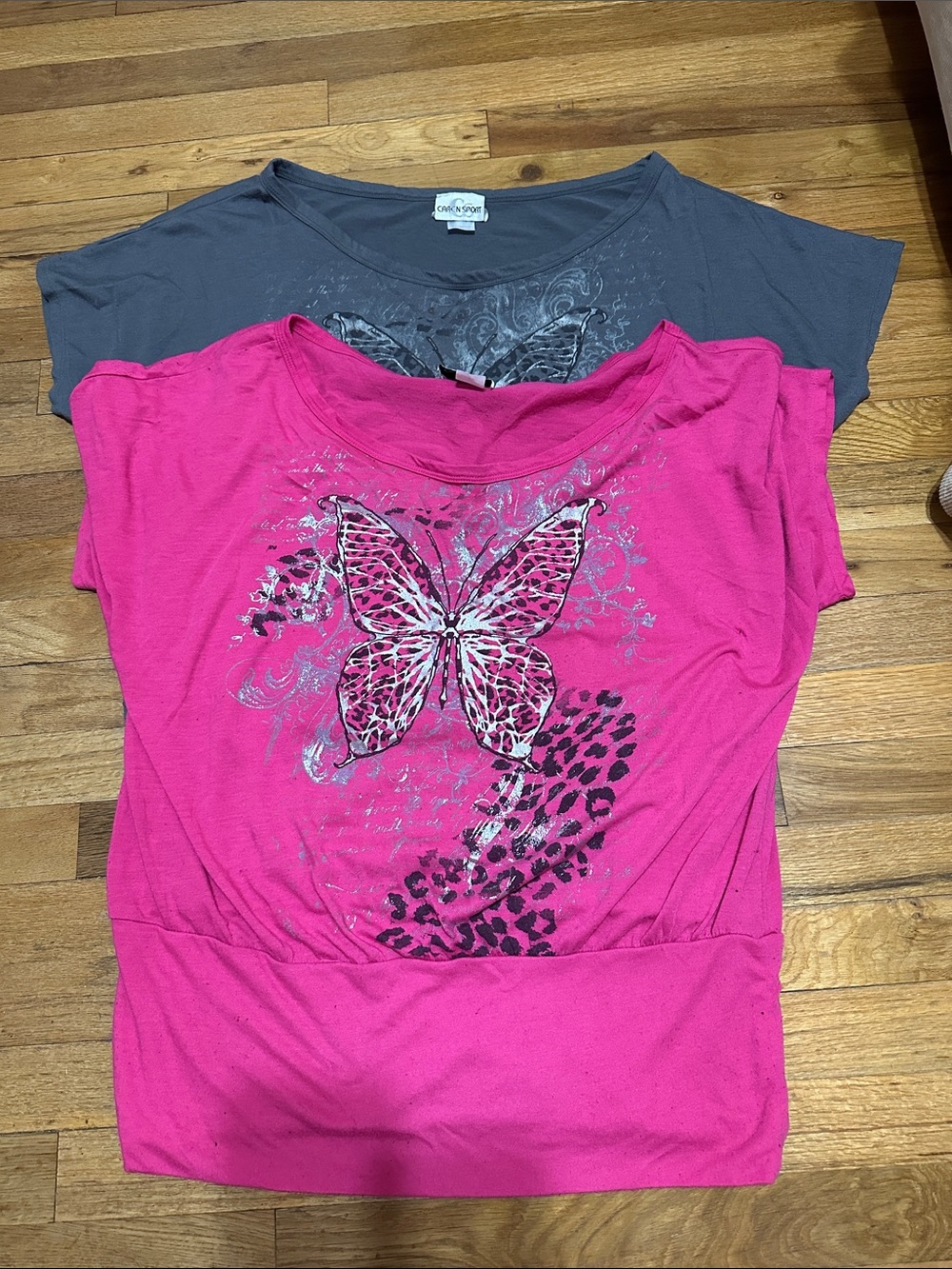 Set of 2 Hot Pink and Gray Butterfly Graphic Tops